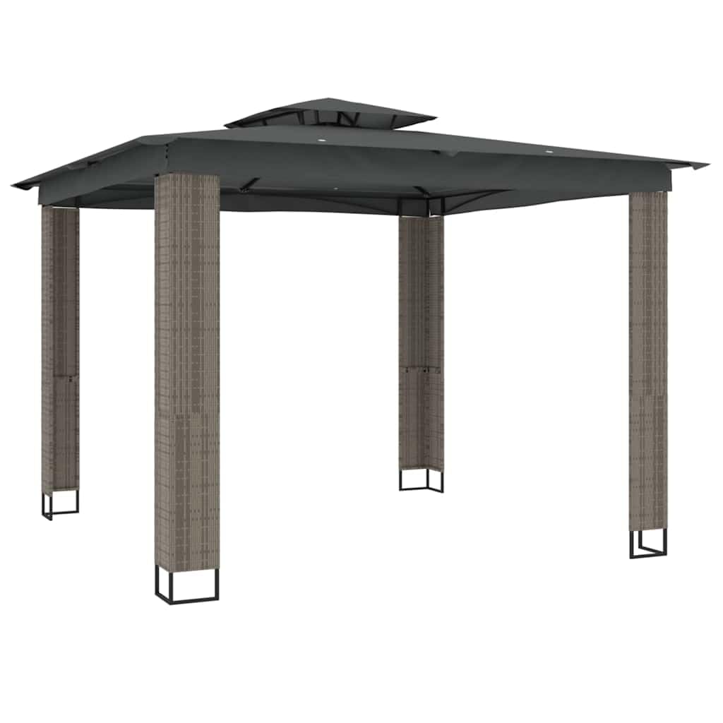 Tonnelle de jardin anthracite double toit en acier et résine tressée pavillon 3x3m