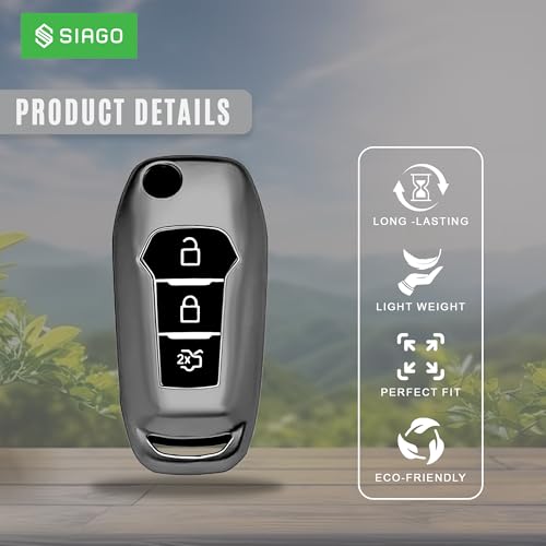 Image of SIAGO TPU Key Cover and Round Key Chain Compatible with Endeavour, Figo Aspire, Freestyle 2017, 2018, 2019 3 Button Flip Key (Grey)