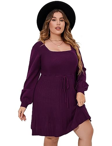 Image of Women's Plus Size Casual Sweater Dress Square Neck Long Lantern Sleeve Tie Waist Loose Pullover Sweater Dresses