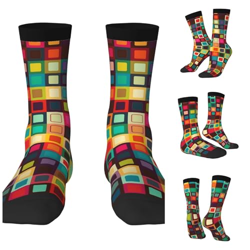LZQPOEAS Colorful Squares Athletic Socks Unisex Cushioned Crew Socks Hiking Running Calf Sock Soft Above Ankle Sock