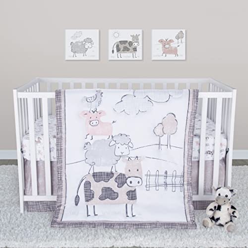 Sammy & Lou Cottage Farm 4 Piece Crib Bedding Set for Boys or Women | Impartial Shade Animal Theme Nursery Quilt, Fitted Crib Sheet, Crib Skirt, and Plush Animal Cow
