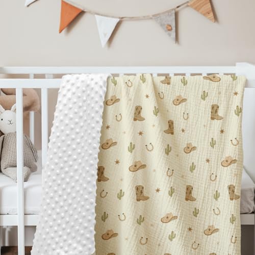 Image of SANDJEST Cowboy Minky Muslin & Dotted Blanket 30x40 in Gift for Holiday, Gender Reveal Party, Hospital Visit, Baptism