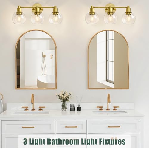 Image of 3 Light Bathroom Light Fixtures, Brushed Brass Bathroom Vanity Lights, Modern Vanity Lights 3-Light Globe Bathroom Vanity Lighting Fixture Over Mirror