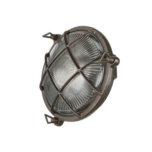 Lámpara de pared exterior de latón y cristal en negro antiguo IP64 para jardín y balcón, 21 cm de ancho, E27, estilo rústico marítimo, con rejilla, SERIFOS