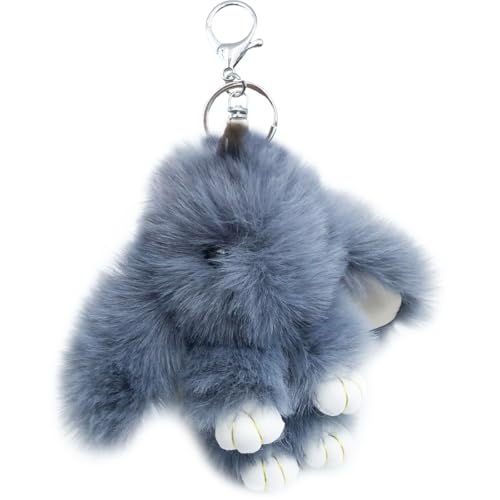 Xsclpomddy Porte-clés lapin en peluche pompon pendentif de sac mignon moelleux pour voiture sac à main sacs, Gris foncé., 15cm