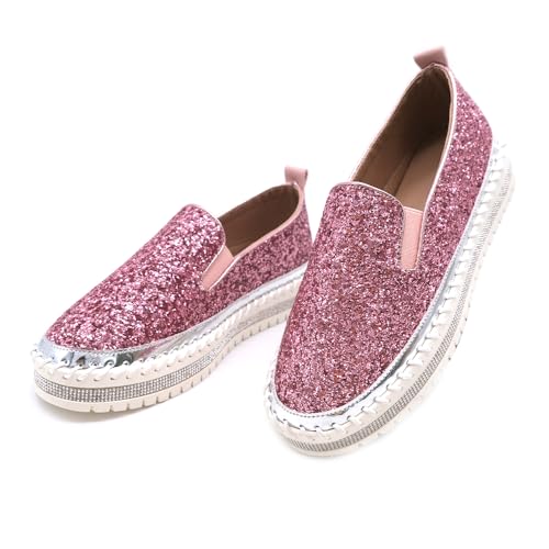 Image of Women's Platform Rhinestones Glitter Fashion Sneakers Comfortable Slip On Flat Loafers Walking Wedding Dress Shoes Casual Shoes
