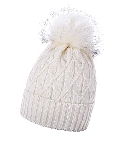 Miuno® MJ191 Bonnet à pompon, en tricot et fourrure synthétique, chaud, pour hiver et ski, Blanc., taille unique Cover