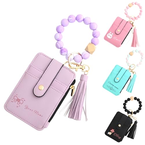 Personalized Girls Wallet,Personalized Card Holder with Name,Womens Wallet with Tassel Silicone Bracelet,Birthday Gift for Girlfriend Mom Wife