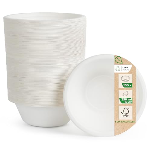 Love Nature Ökologische Einweg Suppenschalen aus Zuckerrohr Schnitzel - (350ml - 100 Stück) Suppenschüssel mit Langanhaltender Wärmespeicherung - Langlebige Suppenteller Einweg - Einwegschalen