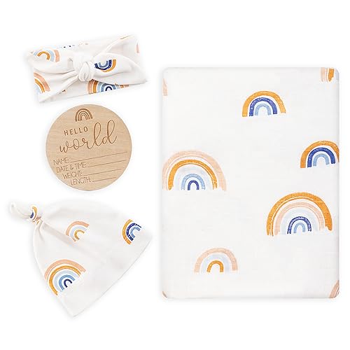 Image of BabyWhale Muslin Swaddle Blanket with Hat and Headband Bow, Rainbow Pattern Swaddle Set for Baby Boys & Girls, Newborn Soft Breathable Unisex Receiving Blanket Wrap, 47x47 inches