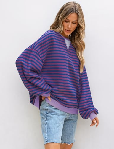 Image of UEU Women Oversized Striped Crewneck Sweatshirt Long Sleeve Color Block Pullover Tops Casual Loose Workout Shirt