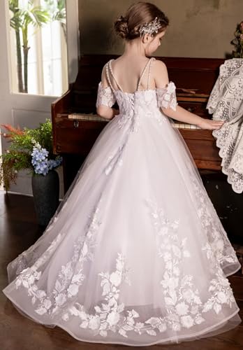 Off Shoulder Flower Girl Dresses for Wedding Lace Appliques Princess Pageant Dress Puffy Tulle Formal Girls Ball Gown3