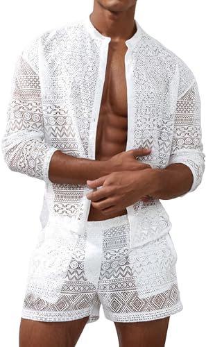 FEOYA Men Lace Mesh 2 Piece Outfits See Through Casual Shirts and Shorts Hollow Out Shorts Set