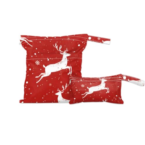 2pcs Cloth Diaper Wet Dry Bag with Two Zipper Pocket Waterproof Storage Bag Travel Laundry Bags, Beach, Pool, Breast Pump Parts, Gym Bag for Swimsuits & Wet Clothes for Baby (Holidays Reindeer)