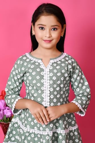 Image of First DREAMGirls Pink Bandhani Printed with Cotton Flower Lace Kurta with Sharara