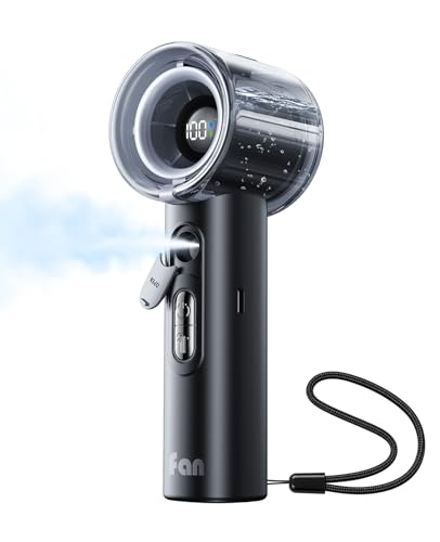 KIMMOO Tragbarer Turbo-Ventilator mit Sprühnebel, leistungsstark 25000 U/min, Geschwindigkeit (1–100), 50 ml Wassertank, USB-wiederaufladbarer persönlicher Ventilator, kleine Taschenventilatoren für