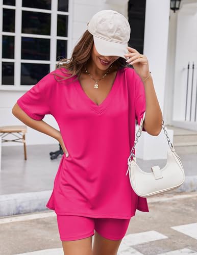 Image of Ekouaer Womens Pajamas 2 Piece Lounge Sets Oversized V Neck T-Shirts Tops Biker Shorts Set Workout Reversible Tracksuit S-XXL
