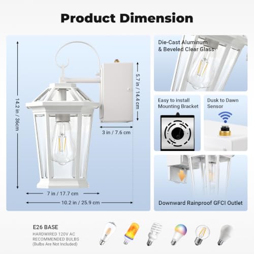 Image of Gleamz Outdoor Wall Light with GFCI Outlet, Dusk to Dawn, White, 1-Pack