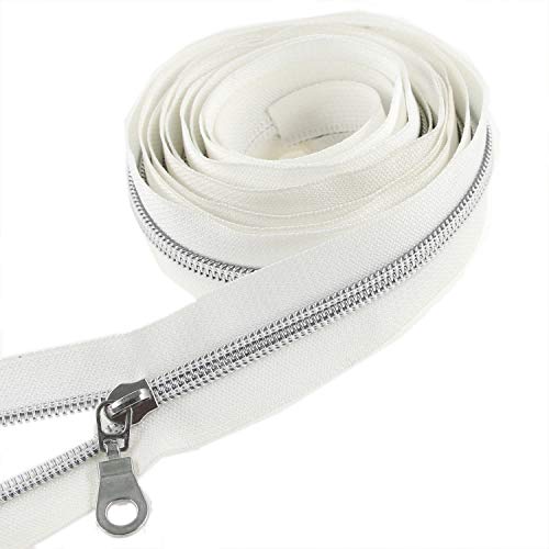 Image of #5 Antique Silver Metallic Nylon Coil Zippers by The Yard Bulk 10 Yards White Tape with 25pcs Silver Sliders for DIY Sewing Tailor Craft Bag Leekayer(White)