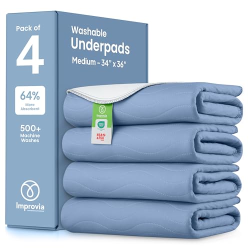 Image of IMPROVIA Washable Underpads, Heavy Absorbency Reusable Incontinence Pads for Kids, Adults, Elderly, and Pets, Waterproof Protection Floor (Blue, 34 inchx36 inch (Pack of 4))