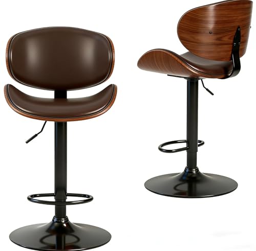 Simple Deluxe Set of 2 PU Leather Swivel Bar Stools, Adjustable Height Bentwood Dining Chairs with...