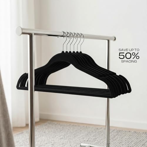 Image of ginoya Brothers Velvet Hangers,Non Slip Notched with Rose Gold Hook Coat /Suit Hangers,Space Saving 360 Degree Swivel Hook Clothes Hangers Wardrobe Hanger. (Black, 30), 1 Count