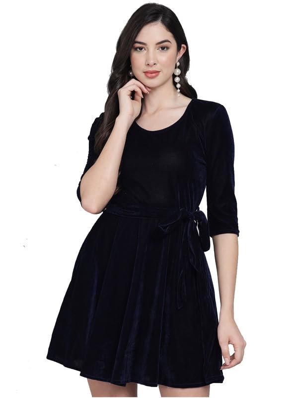 Vaararo Velvet Mini Party Dress for Women | Scoop Neck 3/4 Sleeve Fit & Flare Outfit with Waist Tie