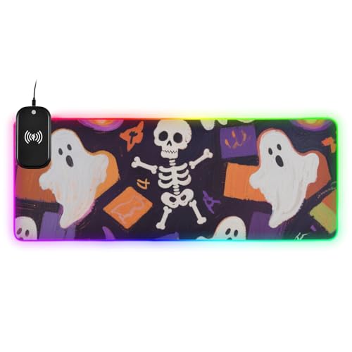 Tapis de souris gaming XXL Halloween 90x41cm motif squelette de fantôme violet