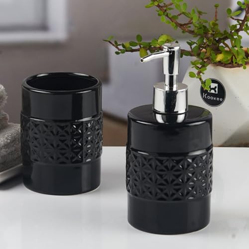 Image of Kookee Ceramic Bathroom Set - Stylish 2 Piece Bath Accessories Kit with Soap Dispenser, Toothbrush Holder - Modern & Designer Decor for Home & Guest Bathrooms, Black (11109)