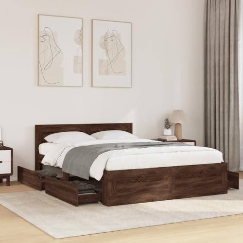 vidaXL Bettgestell, Bett mit Kopfteil, Bettrahmen mit Lattenrost, Doppelbett Schlafzimmerbett mit Stauraum, Braun Eichen-Optik 140x200cm Holzwerkstoff