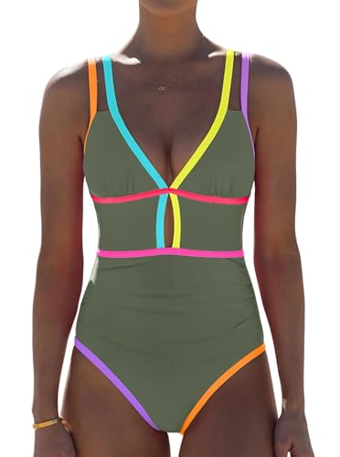 Image of popvil Women One Piece Swimsuit 2026 Tummy Control Sexy Cutout Neon Color Block Bathing Suit Slimming Adjustable Swimwear