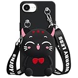 SGVAHY Wallet Case for iPhone 16e with Strap Lanyard Cute Cat Black Coin Purse Funny Phone Case Kawaii Soft Silicone Shockproof Cover for Women Girls