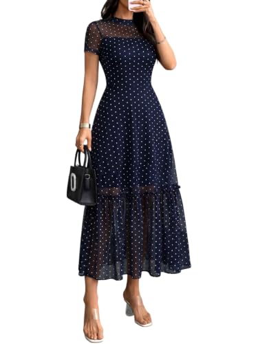 Image of GothDark Women's Summer Floral Mesh Ruffle Dress Short Sleeve Round Neck Waist Cinched Casual Maxi Wedding Guest Dresses