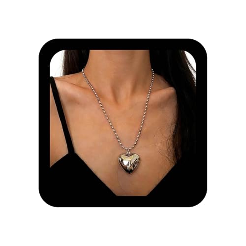 Image of Enautoabs Boho Heart Pendant Necklace Silver Large Heart Necklace Chunky Love Choker Necklaces Vintage Love Long Chain Necklaces Jewelry for Women