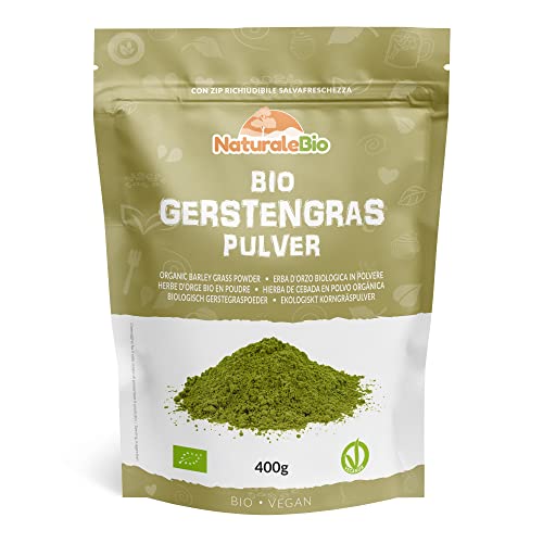 Gerstengras Pulver Bio, 400g. Rohkostqualität, natürlich und rein, angebaut in Europa. Ideal für grüne Säfte, Smoothies oder sonstige Rezepte. Geeignet für Vegetarier und Veganer. NaturaleBio Cover