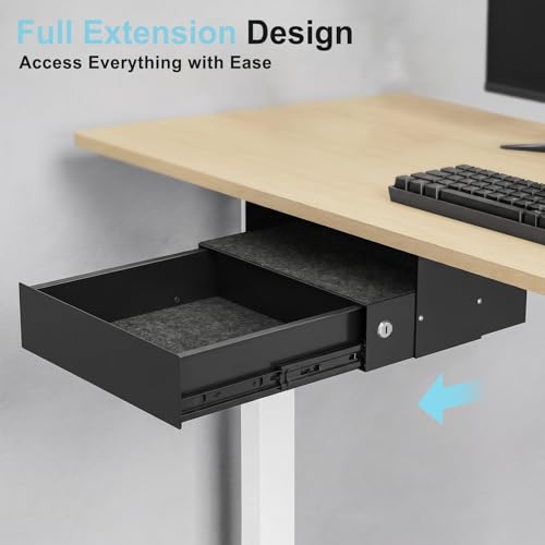 Image of Under Desk Lockable Drawer, Slide-Out Storage Organizer with Full Extension Ball-Bearing Slides, Carbon Steel Undermount Drawer for Home Office Standing Desk, Black, 13.8 Inch