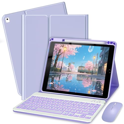 Bxomteng Keyboard Case for iPad 9.7 (6th Gen 2018 / 5th Gen 2017) / Pro 9.7 inch (2016) - 7 Colors Backlit Keyboard Cover and Mouse (Light Purple)