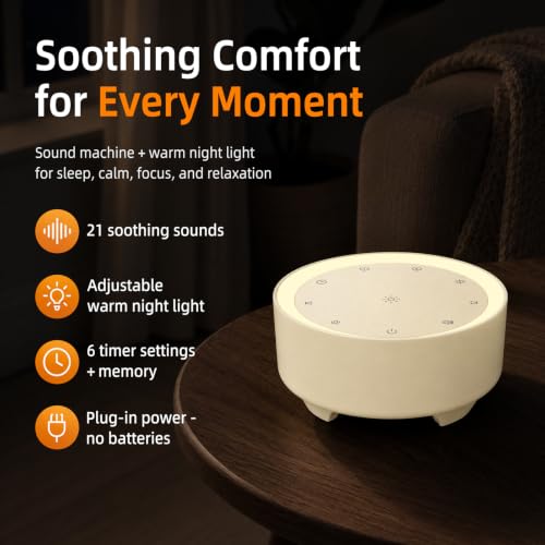 Image of Kipcush White Noise Machine for Sleeping, Baby & Adults, High-Fidelity Non-Looping Sounds, Sleep Sound Machine with Dimmable Night Light, USB Powered, Memory Function, Home, Nursery & Travel