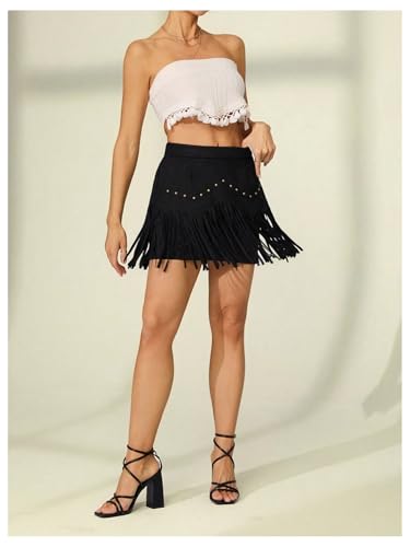 Verdusa Women's Faux Suede Fringe Hem Mini Skirts Cowgirl Western High Waisted Bodycon Skirt4