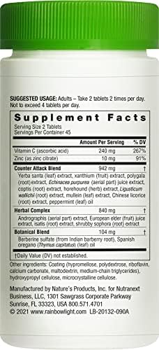 Rainbow Light Counter Attack with Vitamin C and Zinc, Gluten-Free, Vegan, Sugar-Free, 3 Targeted Blends For Overall Immune Support, 90 Tablets