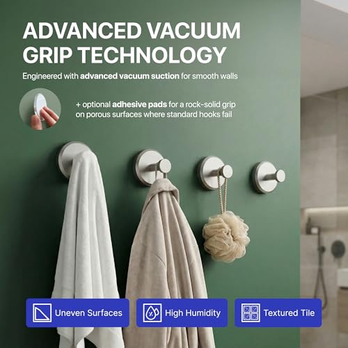 Image of HOME SO Suction Cup Hooks for Shower & Bathroom Towel Holder 4-Pack - Suction Cups Hooks for Hanging Towels, Robes, & Coats - Tiles, Glass Door or Mirror - Shower Hooks & Towel Hooks Organizer -Nickel