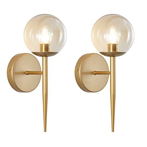 Image of BOKT Vintage Brushed Gold Bathroom Wall Sconce Set of Two Mid Century Modern Globe Vanity Wall Sconce Lighting Set of 2 Bedroom Bar Wall Lamp Amber Glass Wall Lights (Amber)