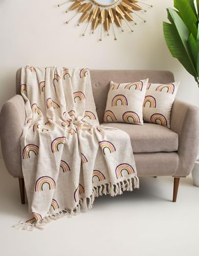 Image of Handwoven Cotton Sofa Throw Blanket with 2 pcs Cushion Covers Lightweight Decorative Couch & Bed Throw (Pack of 3, Rainbow Print)