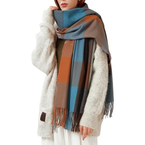Enwokran Bufanda de Lana para Mujer Grande Larga Manta de Abrigo Suave Chal de Tartán de Pashmina con Borla Gruesa Reversibles Cálida Suave para Otoño e Invierno (Rojo Azul)