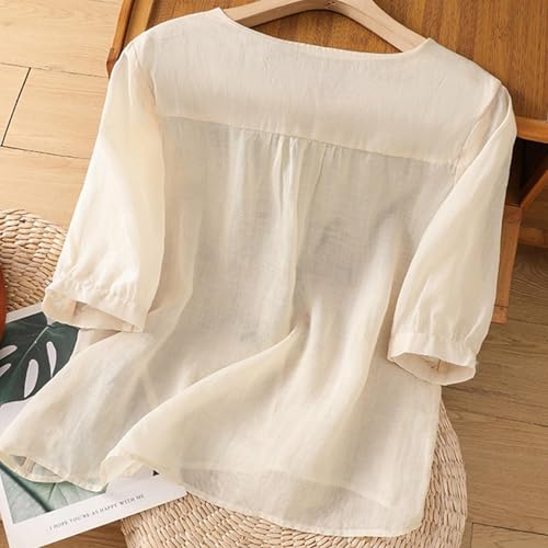 Cotton Tops for Women Embroidered Linen Gauze Shirts Dressy Peasant Blouses Beige L - image 2
