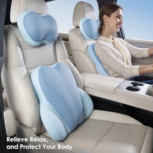 Image of FLORICH Lumbar Support with Car headrest Back Pillow for Chairs Headrest Pillow for Car Ergonomic Ultrathick Memory Foam Back Pillow for Office Chair (Blue)