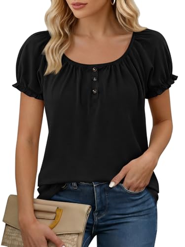 Image of Womens Short Sleeve Shirts Puff Ruffle Sleeve Scoop Neck Pleated Henley Tops Summer Casual Loose Fit T-Shirts