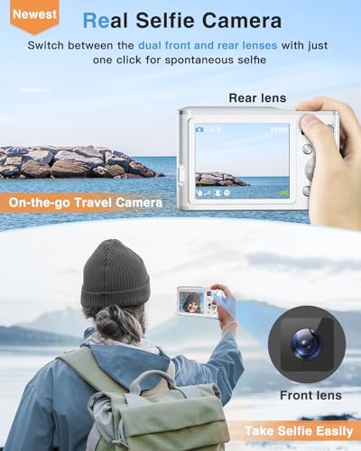 4K Digital Camera, 48MP Autofocus Kids Camera Selfie with Front and Rear Dual Lenses, 32GB Card, 2 Batteries, 16X Digital Zoom, Compact Travel Vlogging Video Camera Gift for Kid Teen Beginner(White) - Image 3
