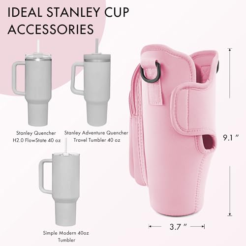 Image of Water Bottle Carrier Bag with Phone Pocket for Stanley Cup 40 /30 oz, Water Bottle Holder with Adjustable Strap& Straw Cover, Stanley Cup Accessories (Pink)