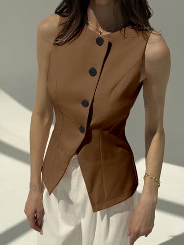 Image of Aahwan Brown Solid Modern Sleeveless Fitted Waist Slim Round Neck Blazer& Top for Women's & Girl's